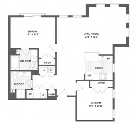 Floor plan for 2 beds, 2 baths, 1092 sqft